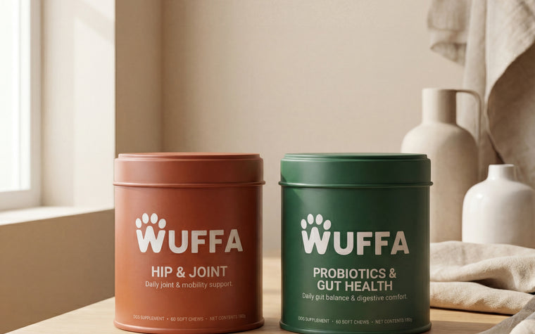 Wuffa Hip & Joint i terrakottafärgad burk och Probiotics & Gut Health i grön burk, sida vid sida på ett träbord vid ett fönster.