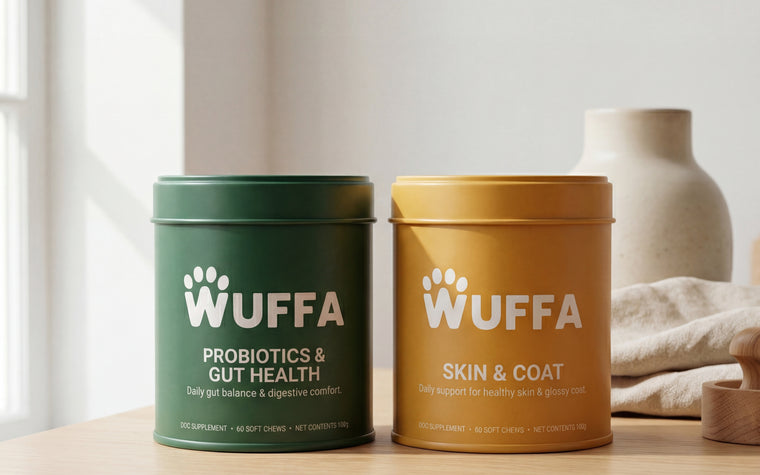 Wuffa Probiotics & Gut Health i grön burk och Skin & Coat i gul burk, sida vid sida på ett träbord.
