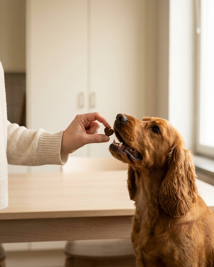 Cockerspaniel tar en liten hjärtformad Wuffa-tuggis ur handen vid köksbordet.