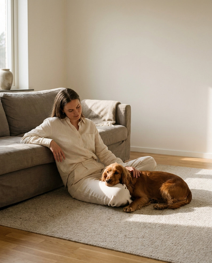 Kvinna sitter på golvet i ett svenskt vardagsrum med sin cockerspaniel vilande mot benet i eftermiddagsljus.