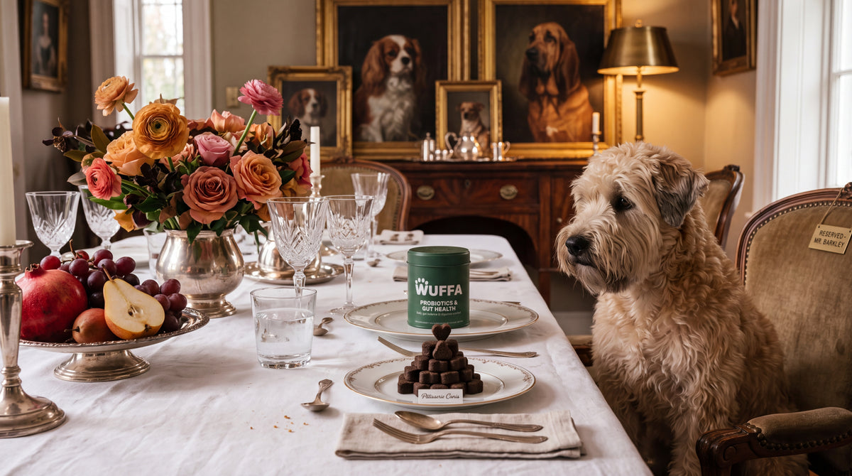 Dukat middagsbord med Wuffa-burken, en tallrik med hjärtformade tuggisar och hunden Mr Barkley på stolen
