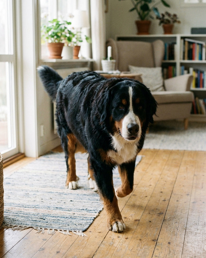 Berner sennenhund går avspänt mot kameran över ett trägolv i ett ljust svenskt hem, mitt i steget med ena framtassen lyft.