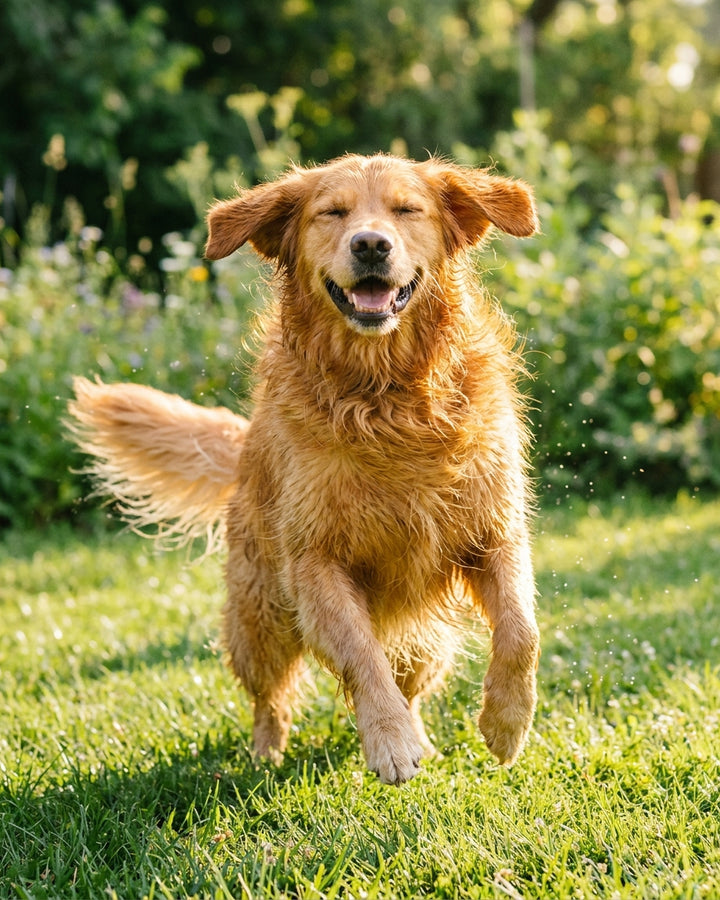 Golden retriever mitt i en skakning på en solig gräsmatta, pälsen står ut och hunden ser nöjd ut.