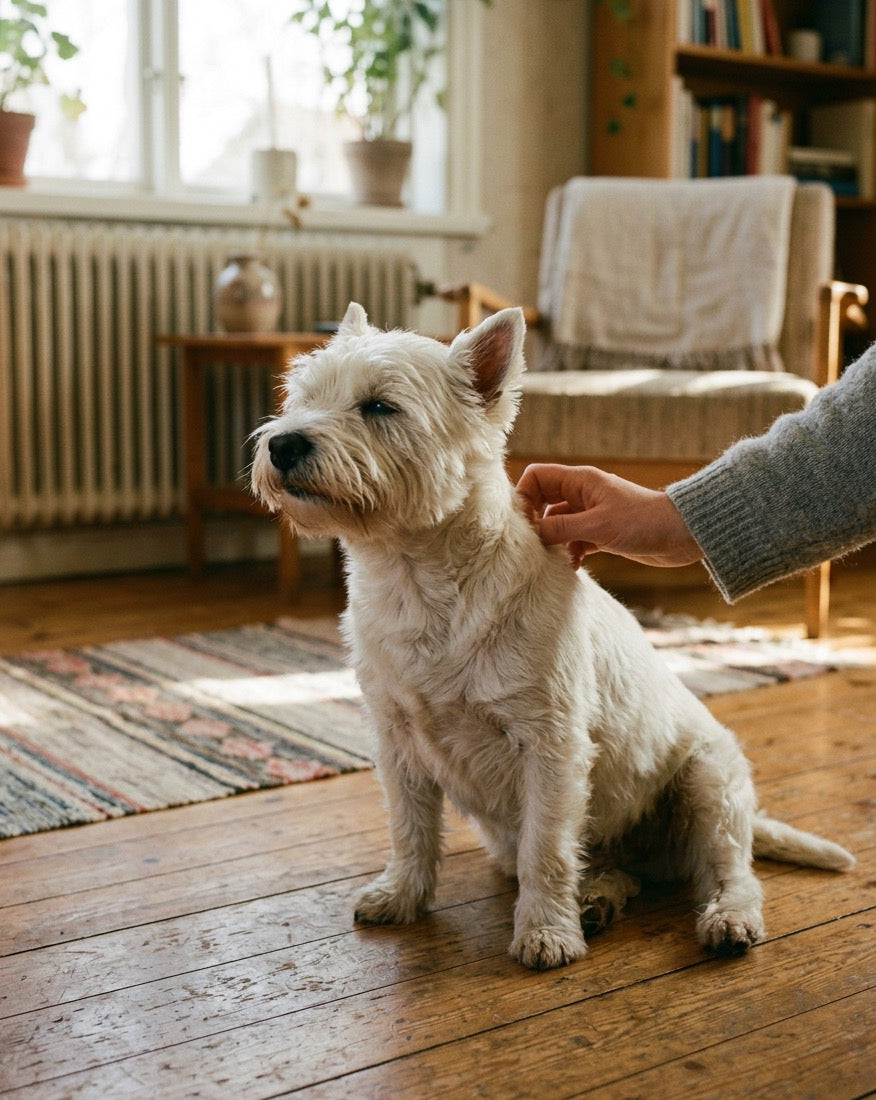 West highland white terrier sitter på trägolvet i ett soligt vardagsrum och lutar sig in i handen som kliar den längs ryggen.